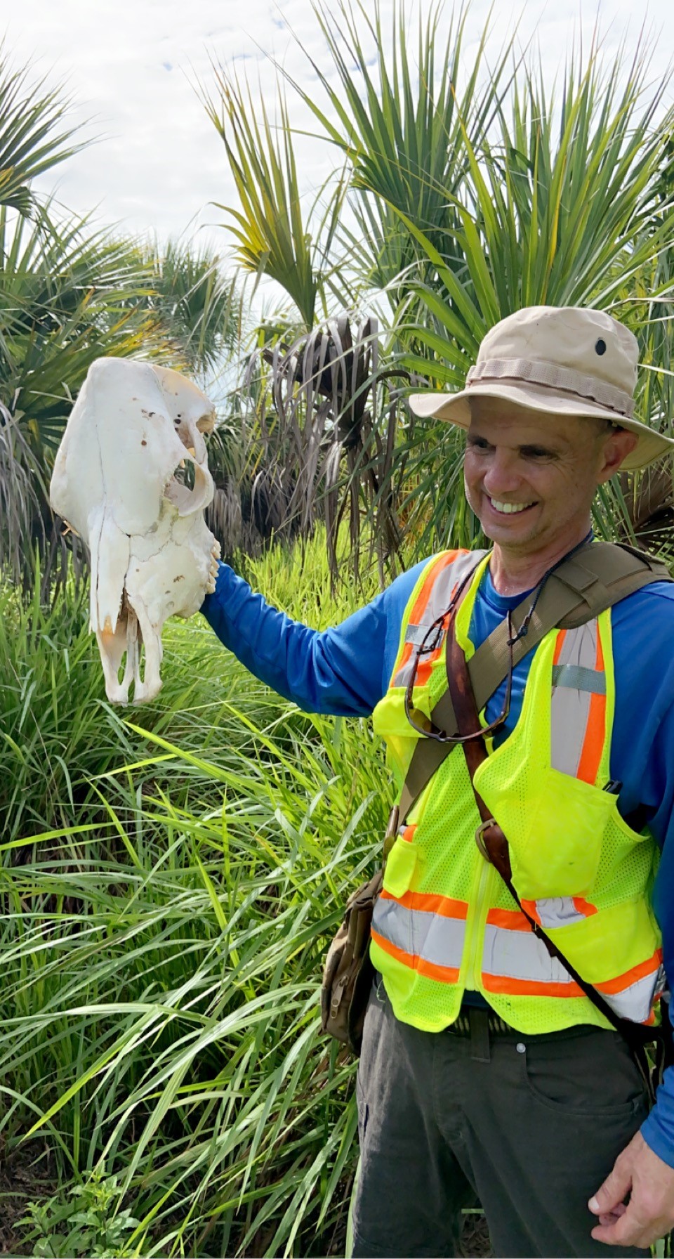 Tom, wearing a safety vest and hat, holds a large animal skull in a grassy area, smiling