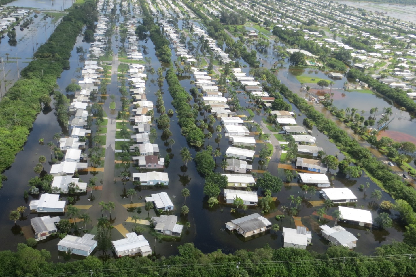 Flooded residential area with rows of houses surrounded by water