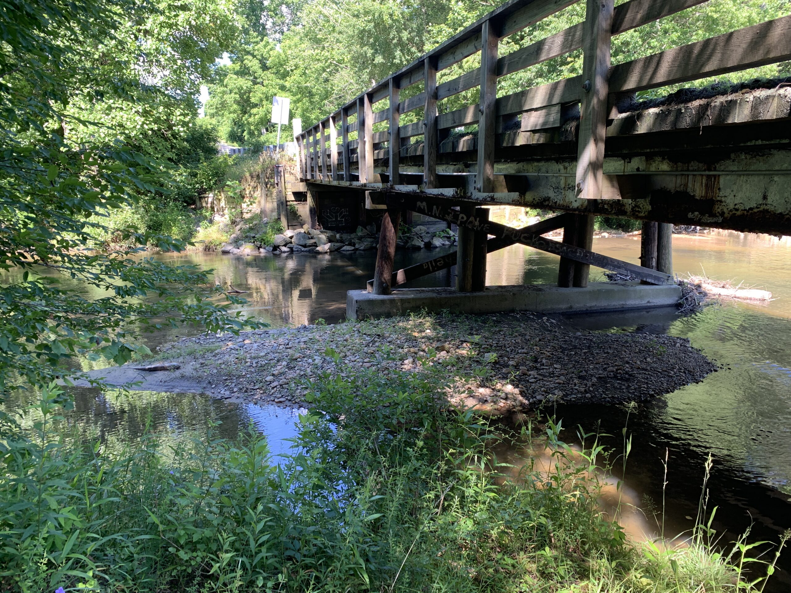 Wooden bridge over a small creek surrounded by lush greenery