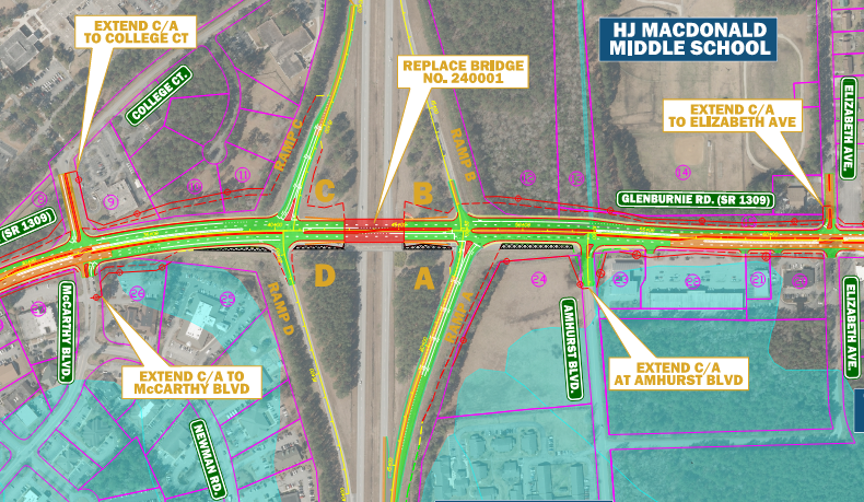 Map showing proposed road extensions and bridge replacement near HJ Macdonald Middle School. Key labels include "Extend C/A to College Ct," "Replace Bridge No. 240001," and "Extend C/A to Elizabeth Ave."