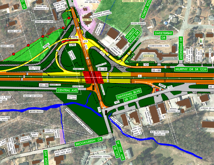 Highway intersection layout, showing roads Central Ave, National Blvd, Murphy Dr, with property labels and green spaces