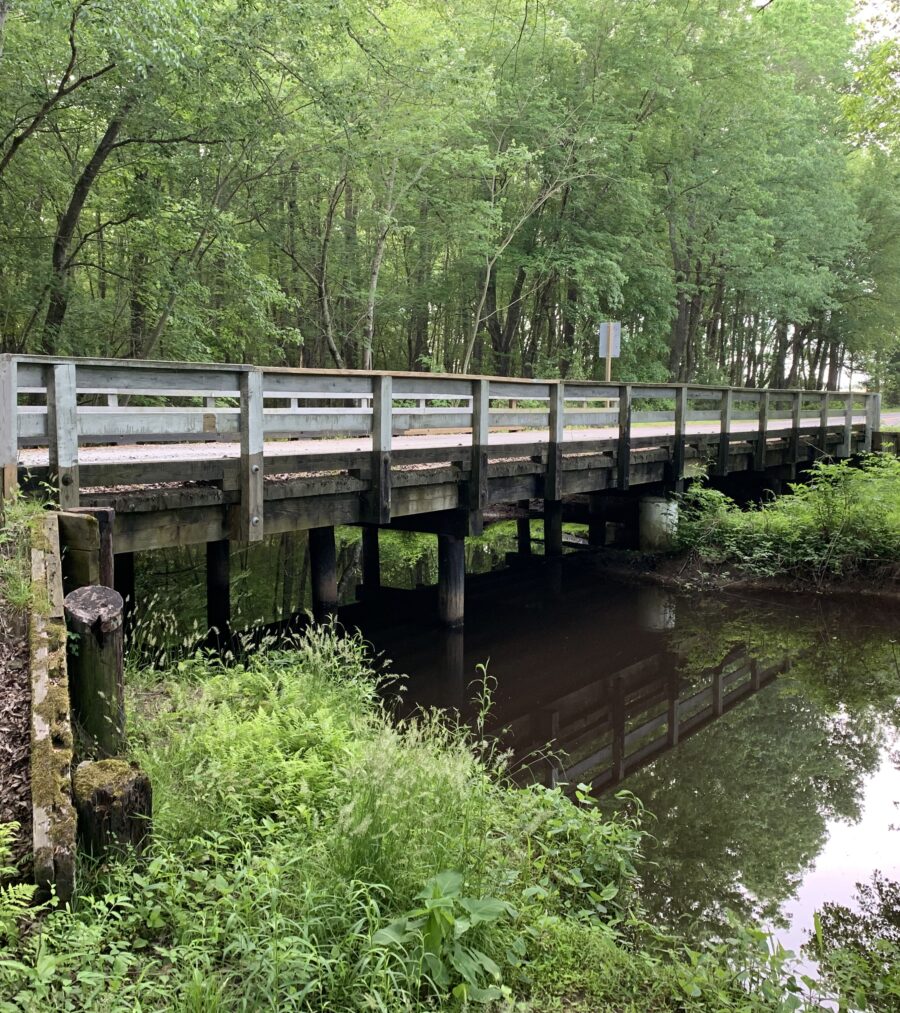 Wooden bridge over creek surrounded by lush greenery, with a sign displaying weight limits for vehicles