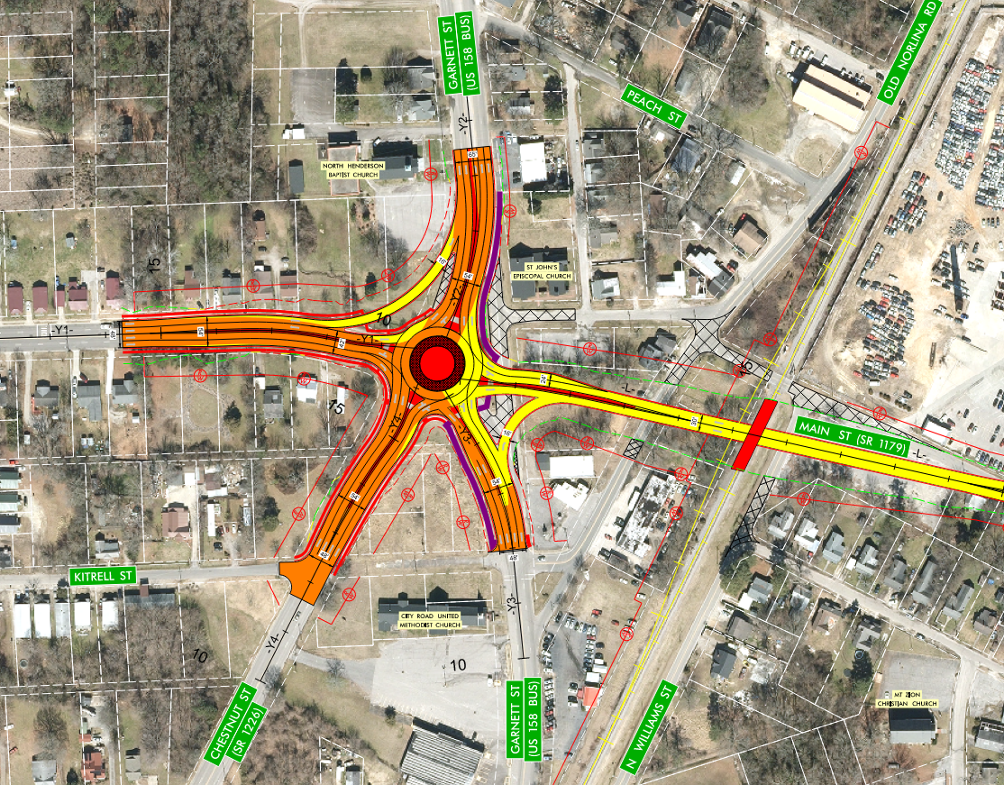 Roundabout design at intersection with streets labeled; includes Main St, Garnett St, North Williams St, Peach St, and Kittrell St