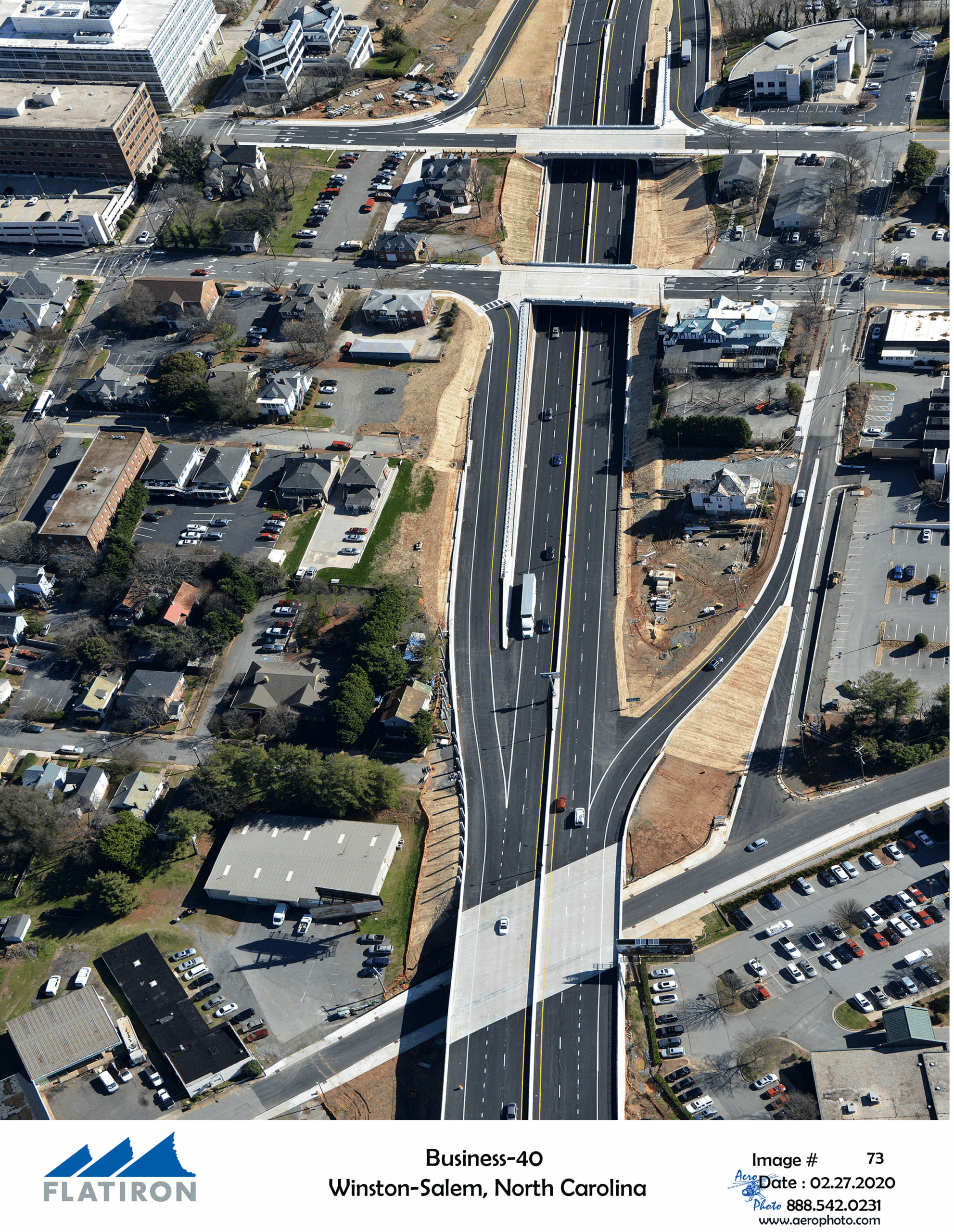 Aerial view of Highway Business-40 in Winston-Salem, North Carolina, showing new overpasses and surrounding urban landscape
