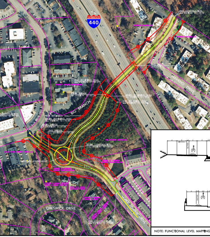 Aerial view of Interstate 440 design with detailed annotations; includes road layout, planned structures, and notes on construction phases