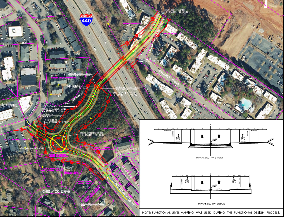 Aerial view of Interstate 440 design with detailed annotations; includes road layout, planned structures, and notes on construction phases