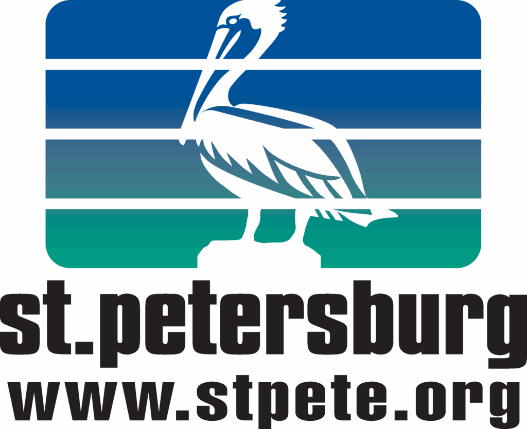 St. Petersburg logo with black pelican silhouette on blue-green background, text: st.petersburg www.stpete.org