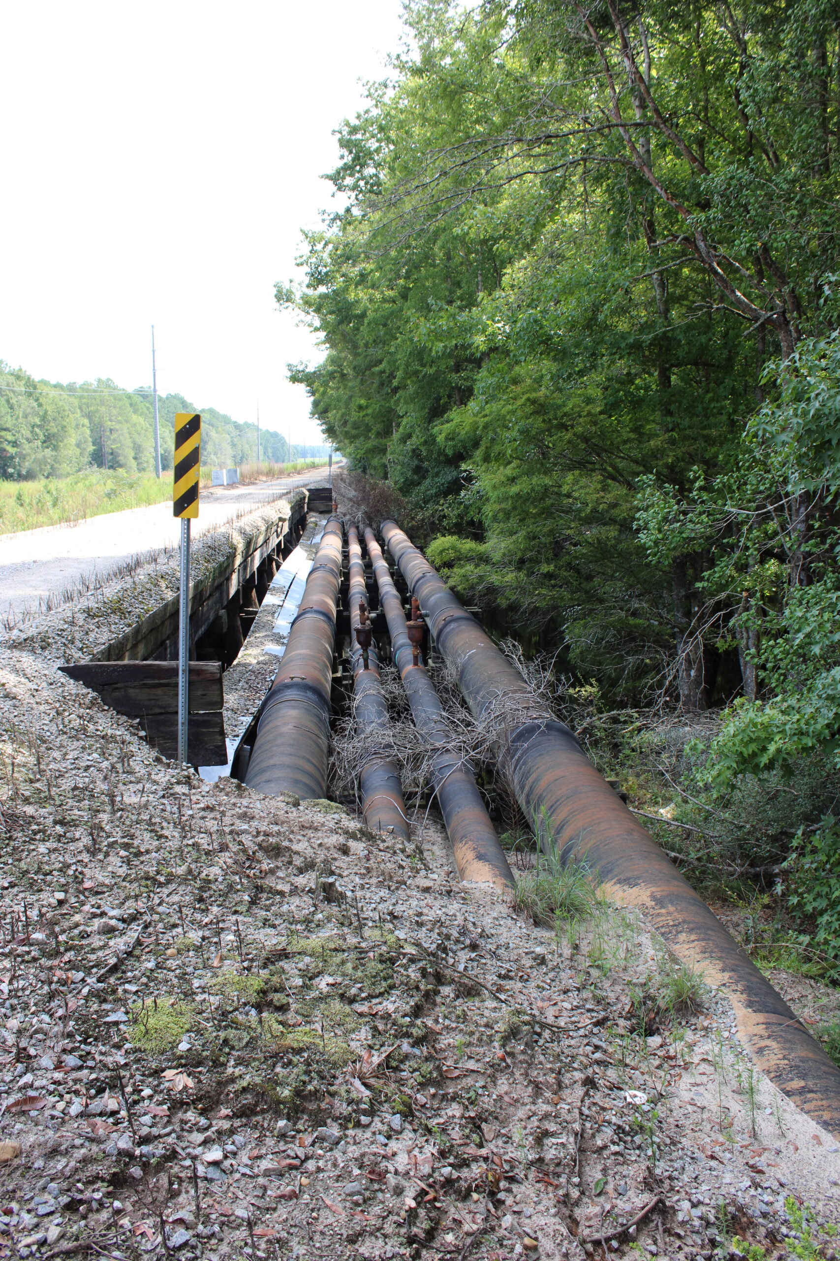 Large rusty pipes run parallel to a rural road, bordered by trees