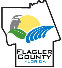 Flagler County, Florida logo, bird, sun, waves, and greenery within county outline