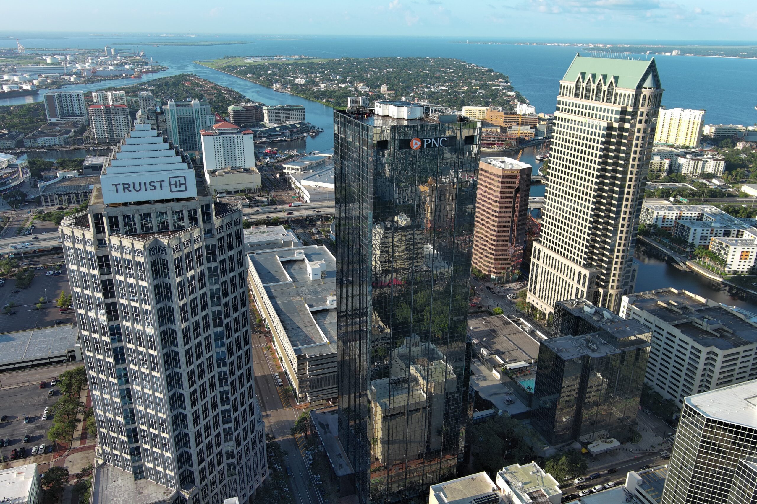 Aerial view of Tampa cityscape with Truist and PNC buildings prominently featured