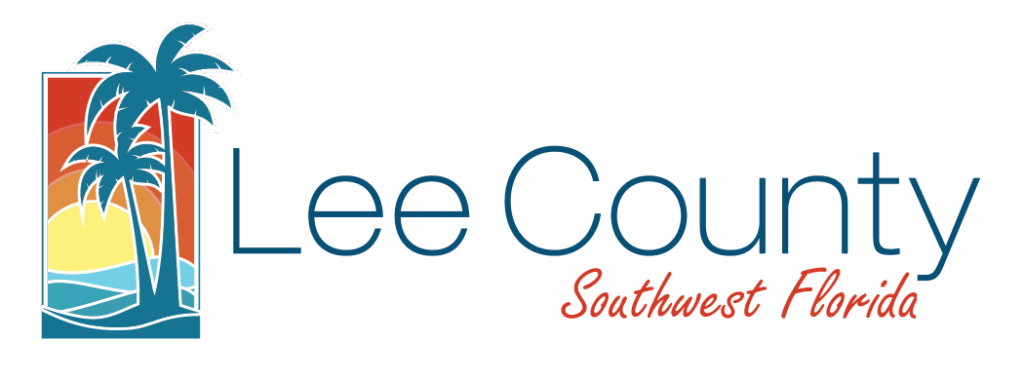Lee County Southwest Florida logo with palm trees and sunset