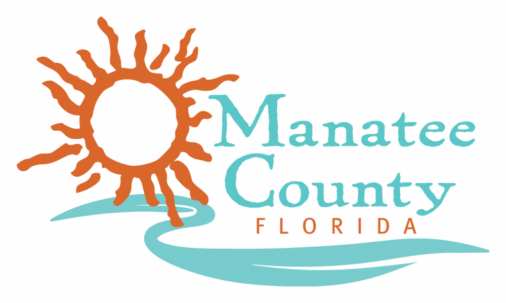 Manatee County Florida logo, orange sun, teal river design
