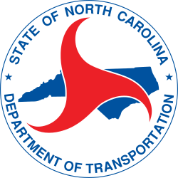 North Carolina Department of Transportation logo with red abstract shape over blue state outline