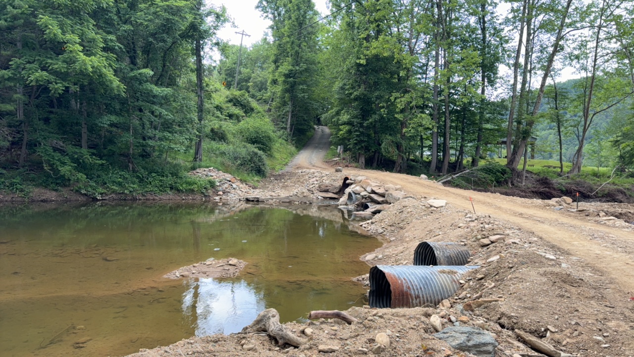 Dirt road with culverts by a small stream, surrounded by trees