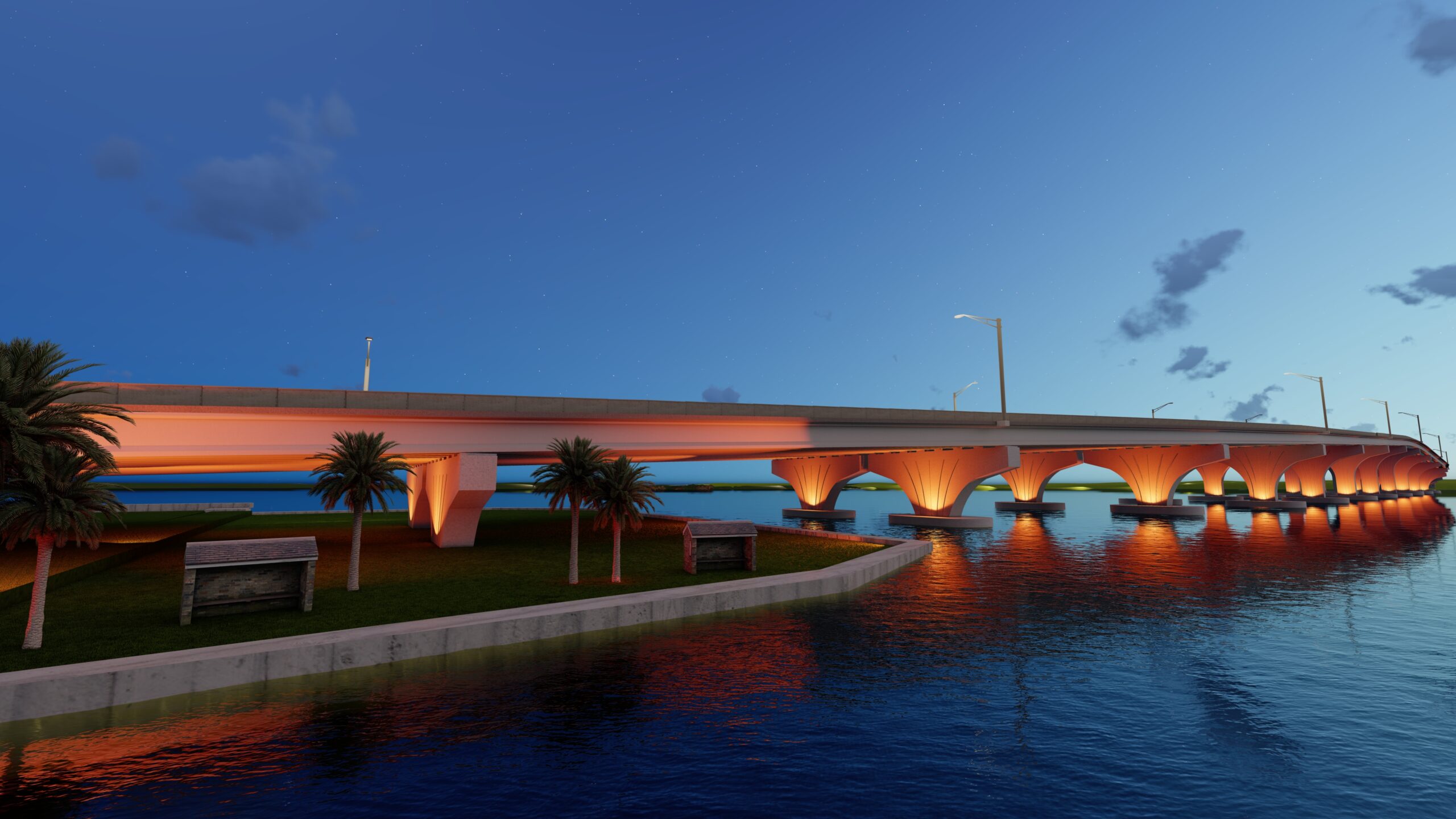 Nighttime rendering of a bridge with orange lights reflecting on water