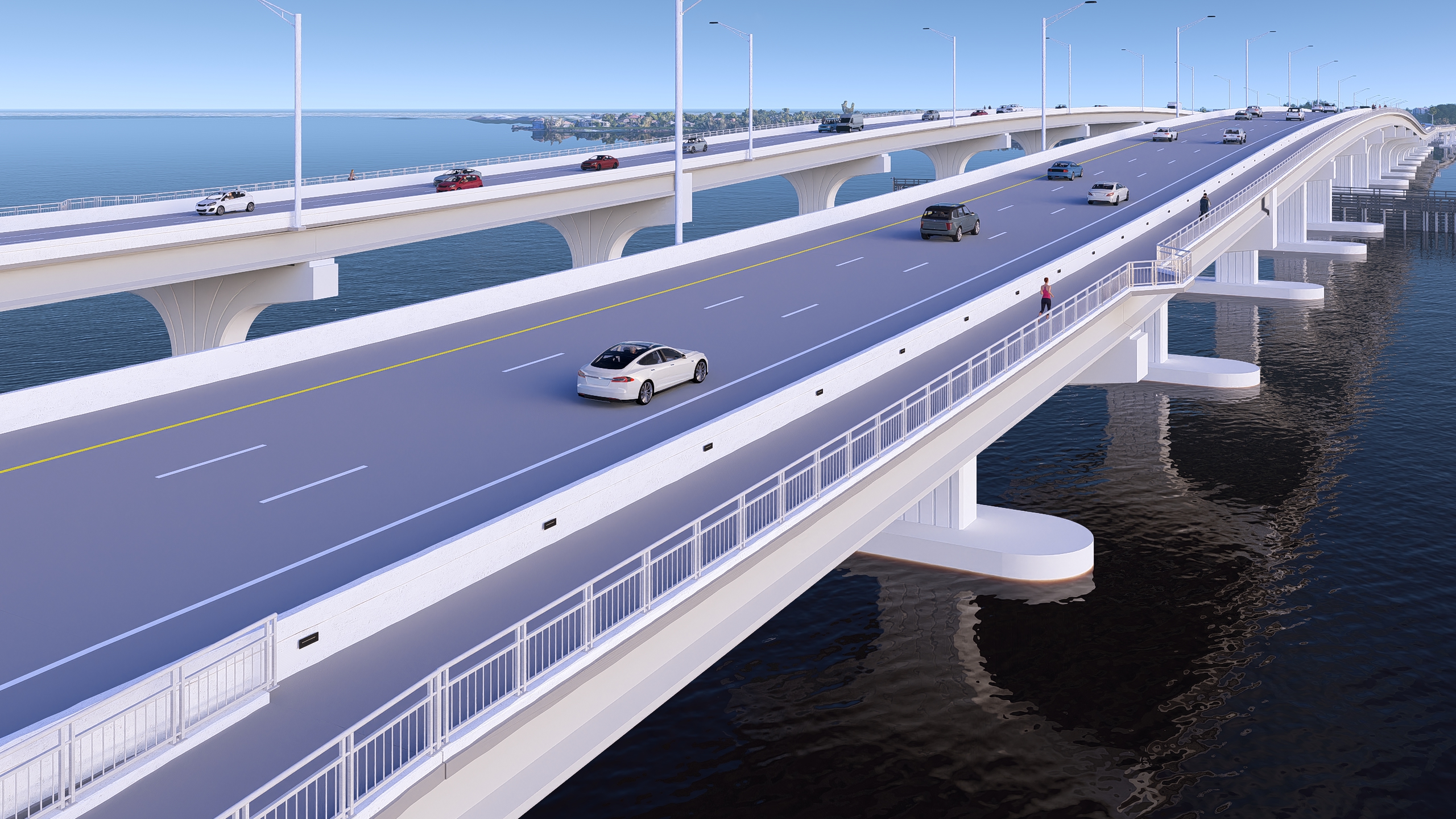 Rendering of a two-level bridge over water, with cars and pedestrians