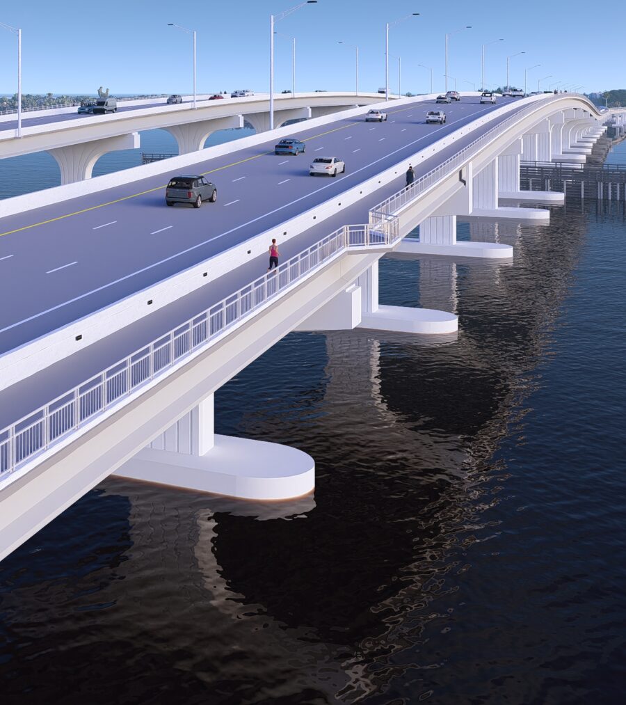 Modern bridge rendering over water with cars and pedestrians