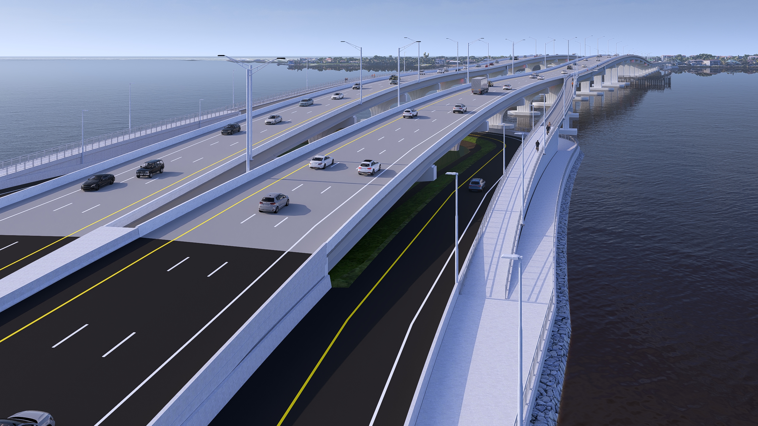 Rendering of a multi-lane bridge over water with vehicles and streetlights