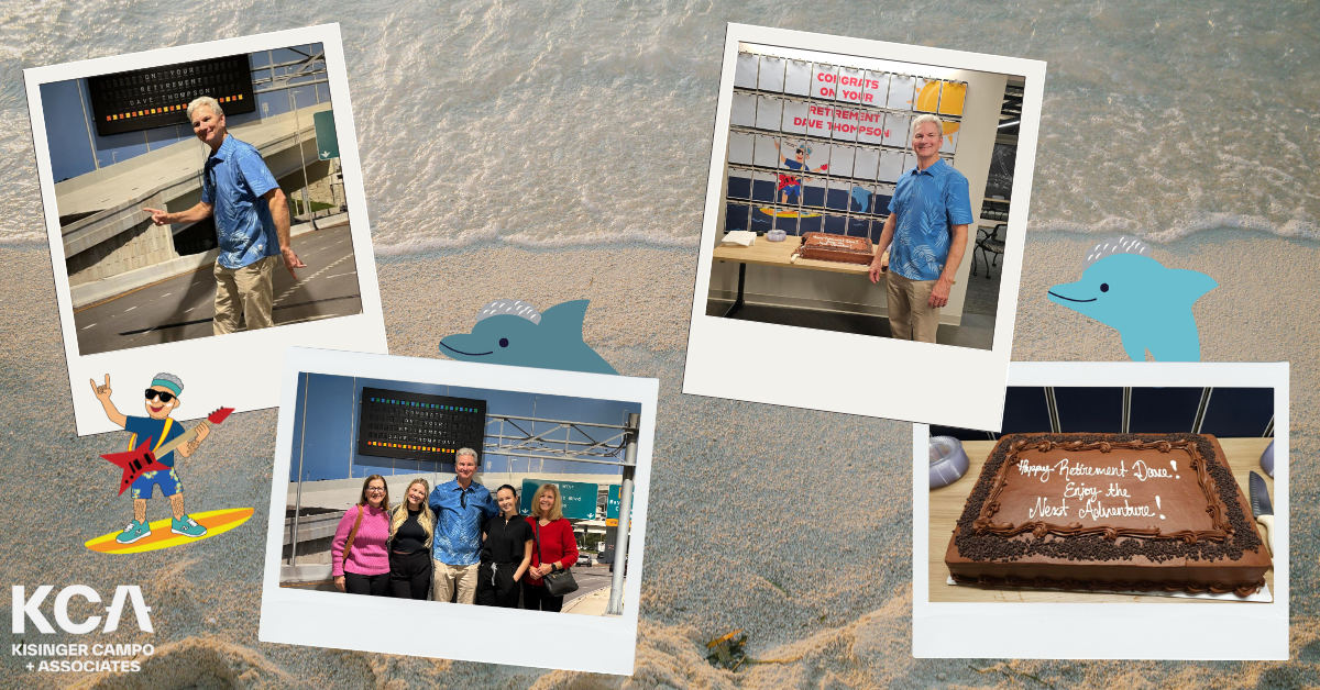 Collage on sandy beach with Dave, KCA logo, cake, retirement celebration, and group photo