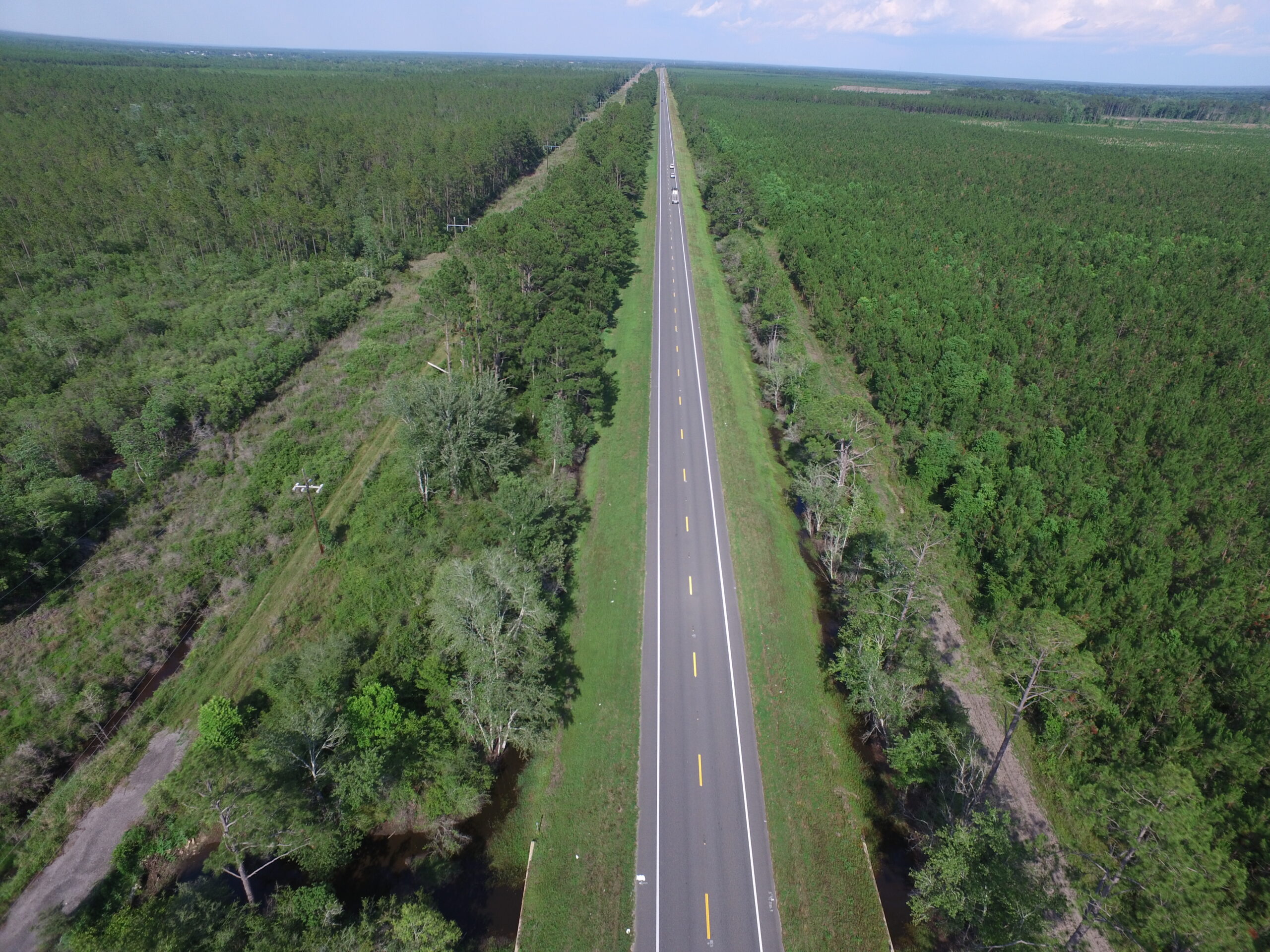 Aerial view of a straight road cutting through dense green forest, extending to the horizon