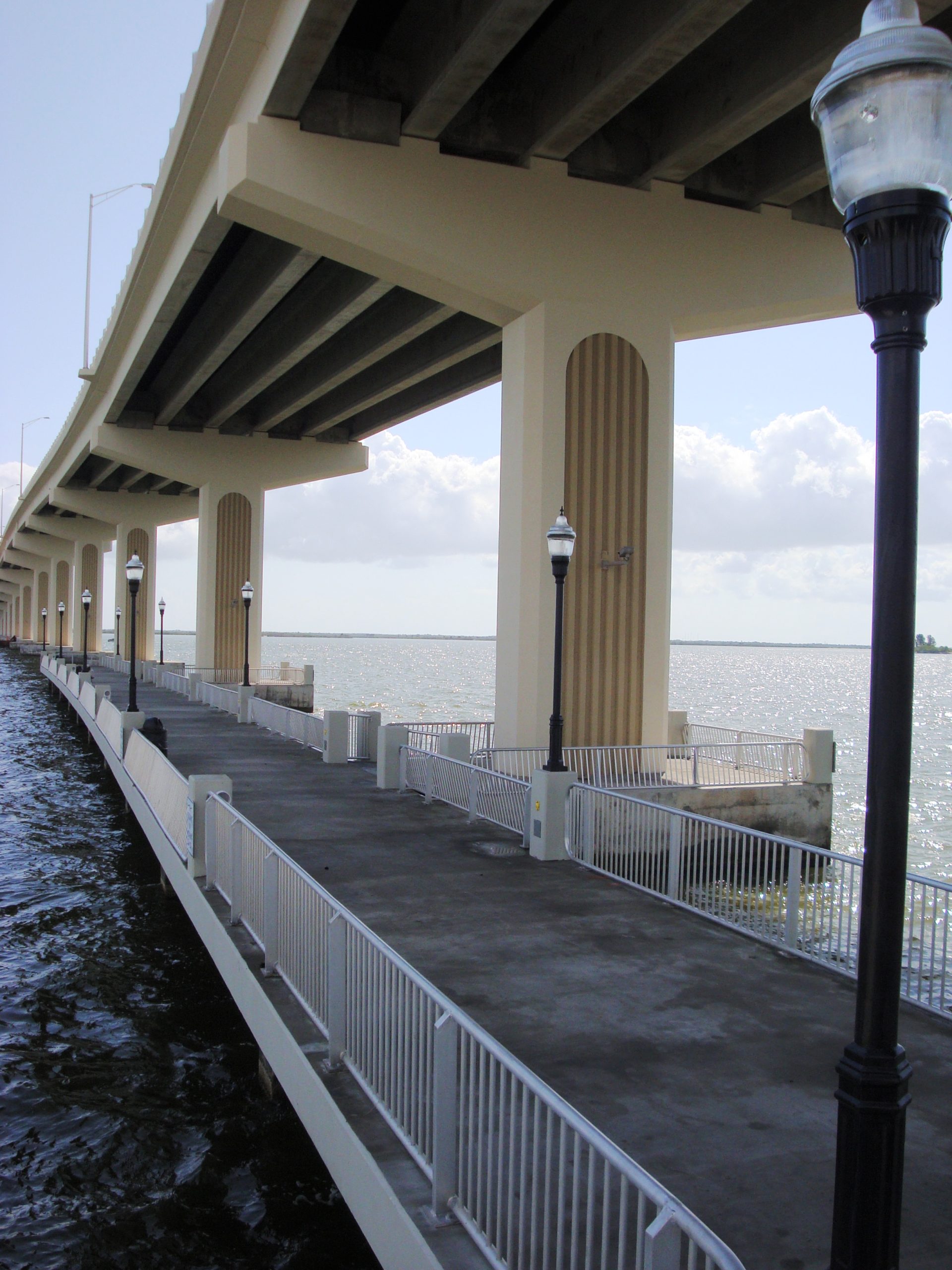 Fishing pier under a long bridge with metal railings and lampposts