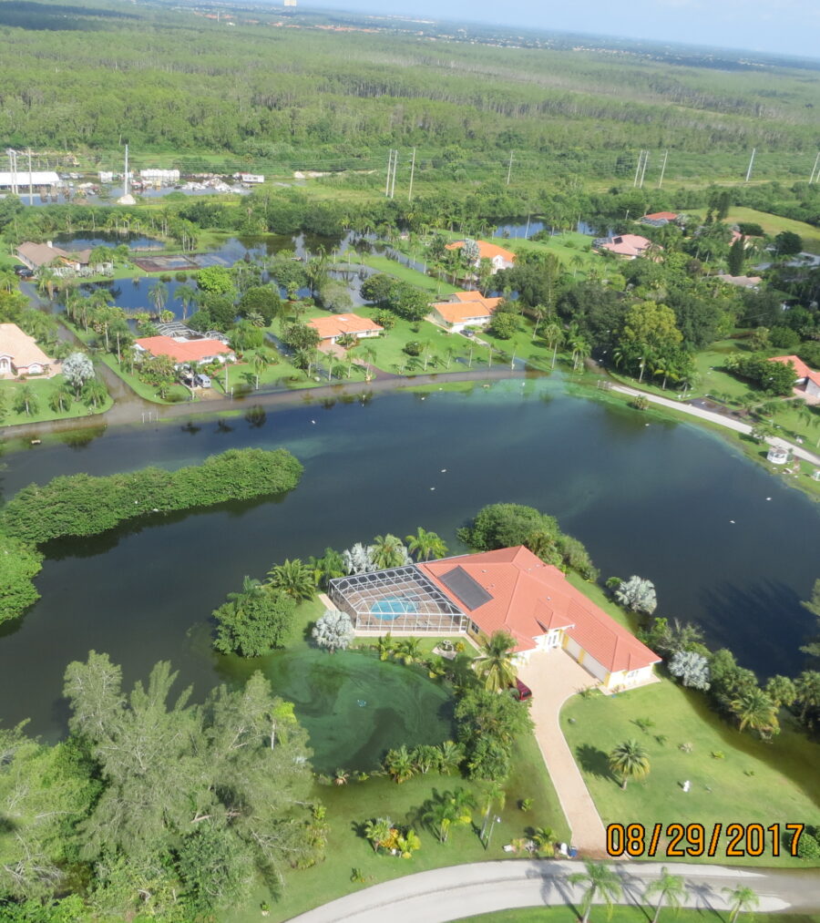Aerial view of homes and lush greenery surrounding a small lake