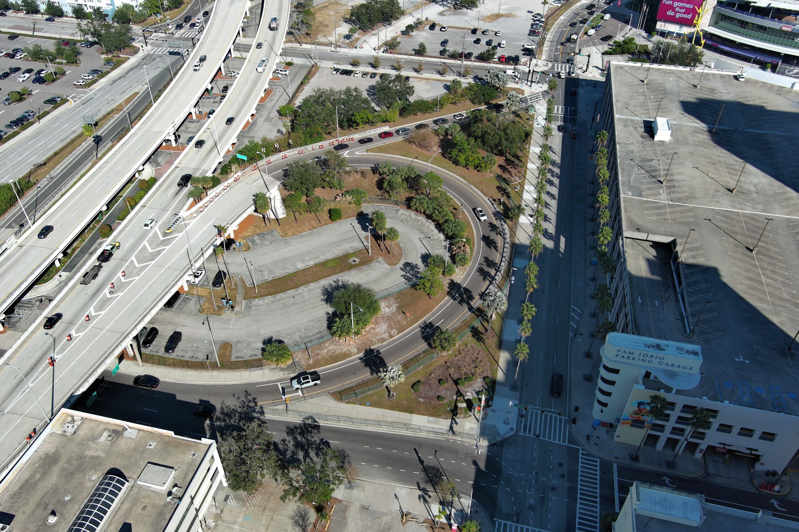 Aerial view of Pam Iorio Parking Garage, roads, and greenery