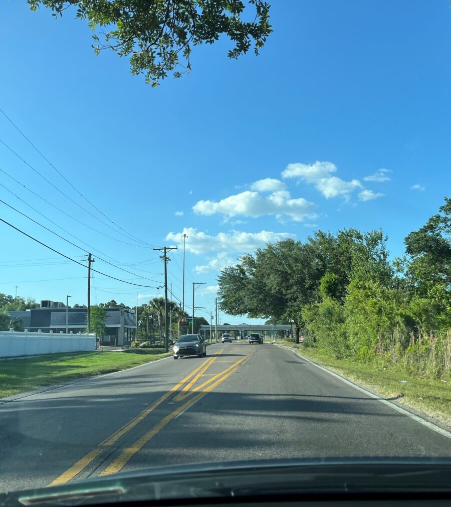 Car driving on a tree-lined road under a clear blue sky