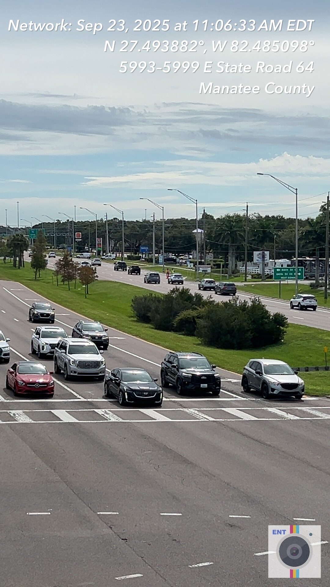 Traffic at intersection with timestamp and coordinates; Manatee County, State Road 64