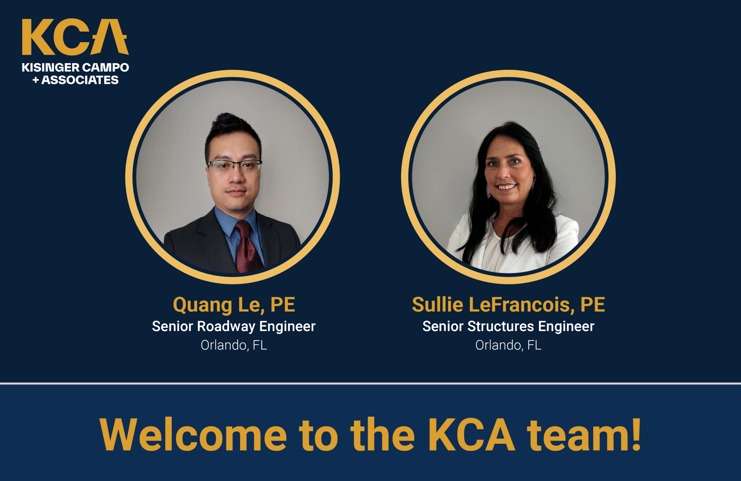 KCA logo, portraits of Quang Le and Sullie LeFrancois, text: "Welcome to the KCA team!"