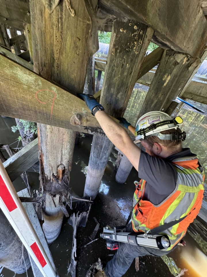 Worker in safety gear inspecting weathered wooden bridge structure over water
