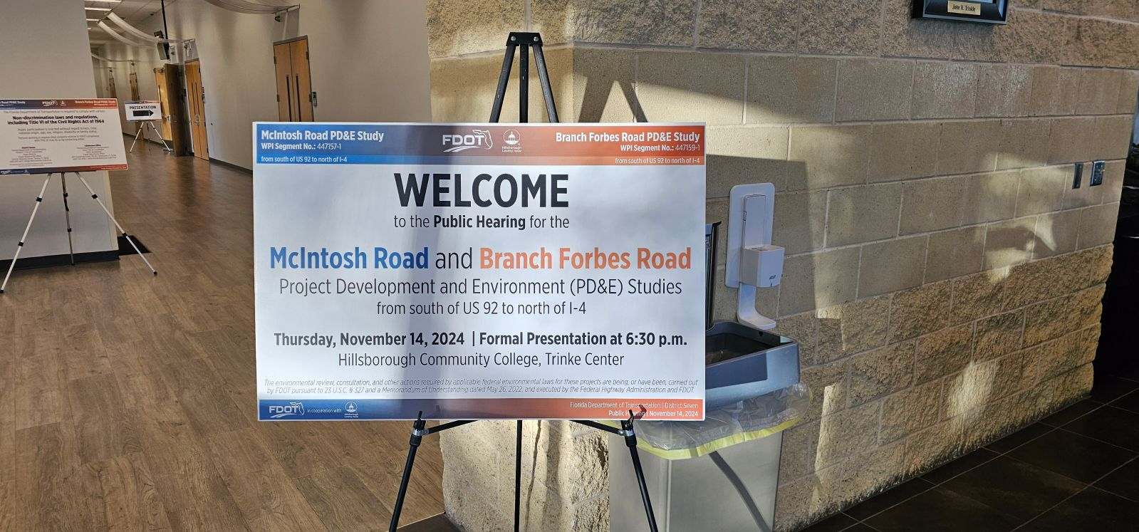 Welcome sign for McIntosh and Branch Forbes Road PD&E studies public hearing, Hillsborough Community College, November 14, 2024