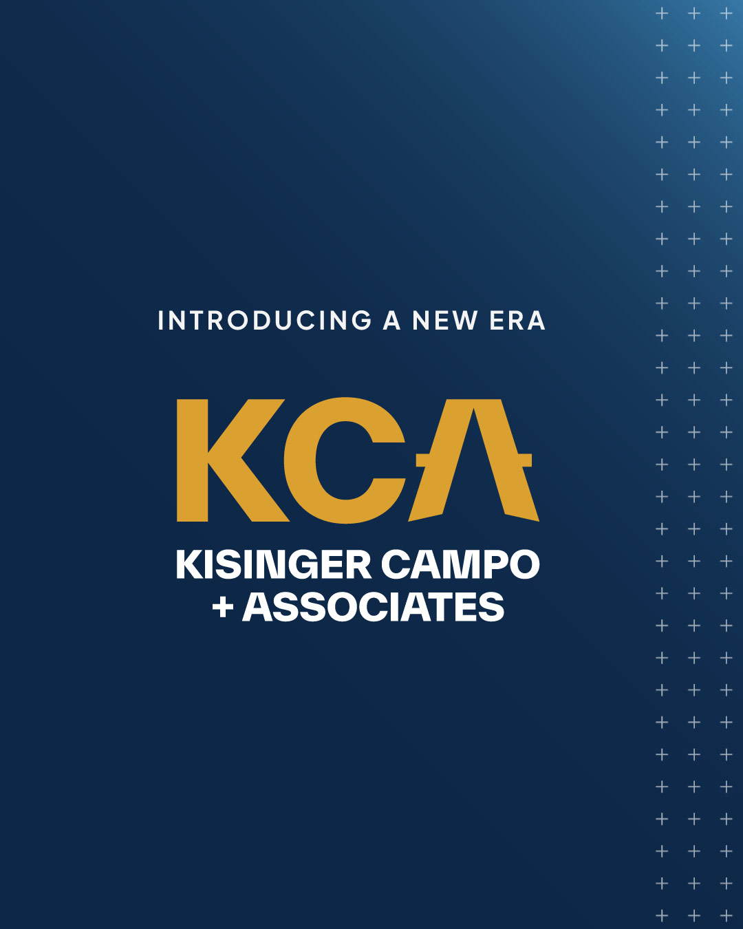 Introducing a new era for Kisinger Campo + Associates with bold gold text on blue background