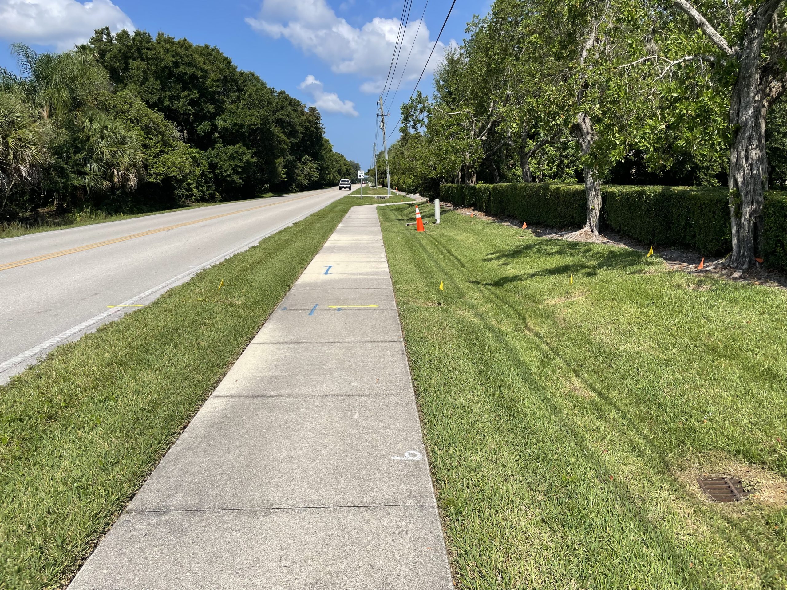 Sidewalk running parallel to a road, bordered by grass and trees under a clear blue sky