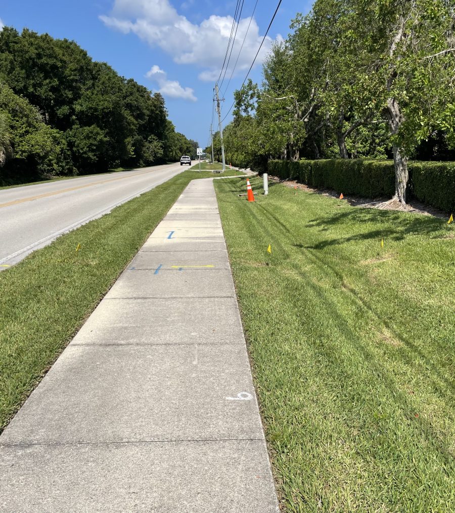 Sidewalk beside road with grassy area, trees, and utility markings