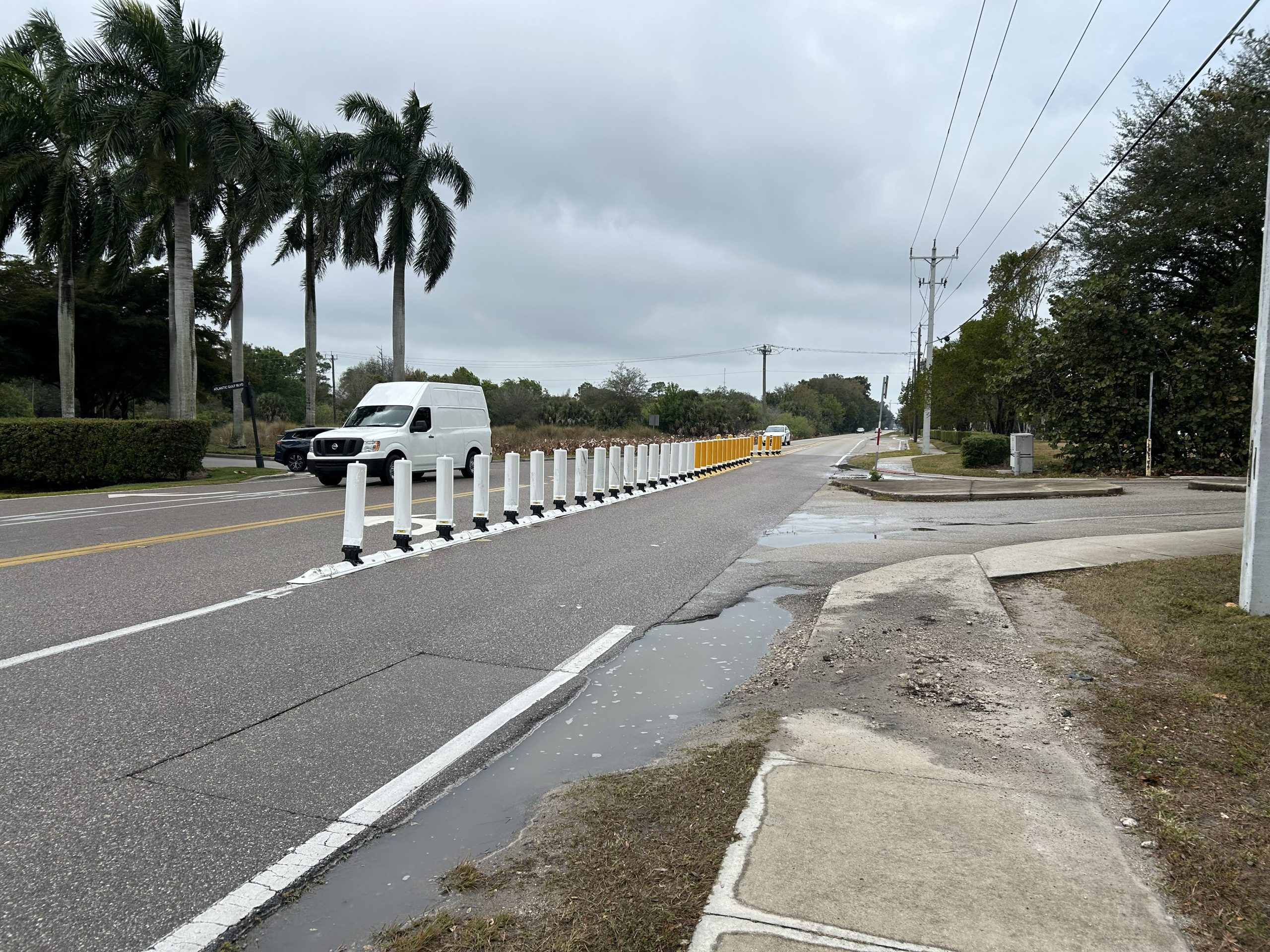 White traffic delineators on Williams Road dividing lanes, with a van and palm trees nearby on an overcast day